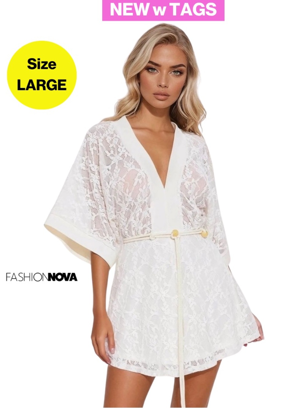 NEW w TAGS 🏷️ FASHION NOVA Cream Shorts Lace Romper Kimono (Women’s Size Large)